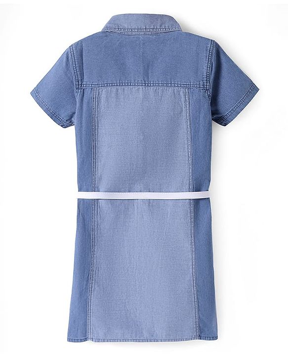 Pine Kids Cotton Woven Half Sleeves Cut & Sew Frock with Belt - Blue