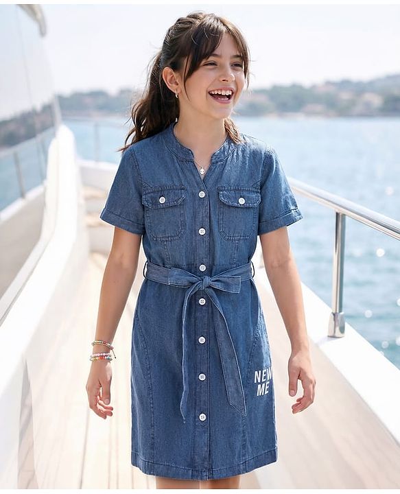 Pine Kids Cotton Woven Half Sleeves One Piece Dress with Text Print - Blue