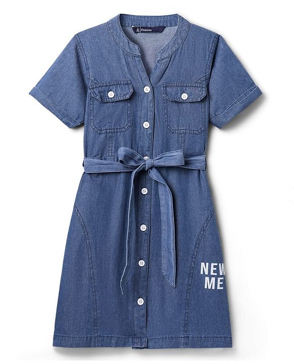 Pine Kids Cotton Woven Half Sleeves One Piece Dress with Text Print - Blue