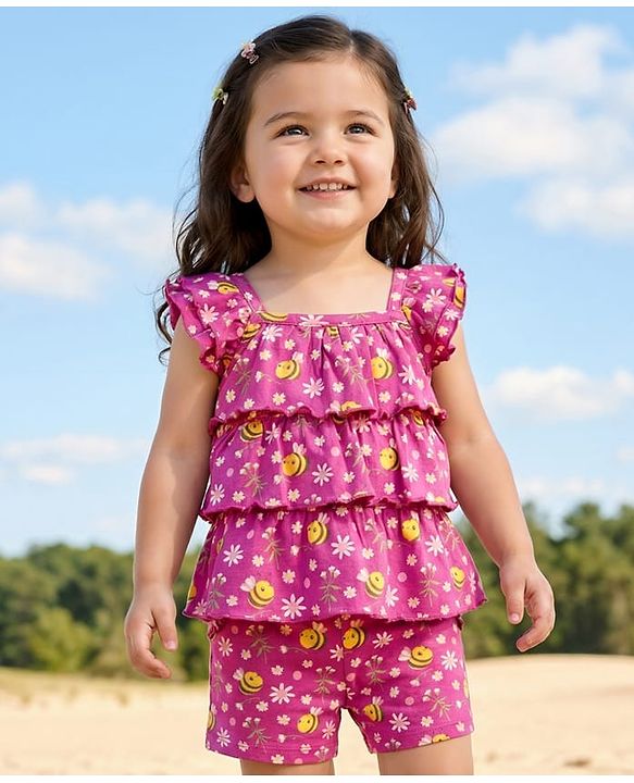 Babyhug Single Jersey Knit Frill Sleeves Co-ords Layered Top & Shorts Set with Floral Print & Bow Applique - Dark Pink