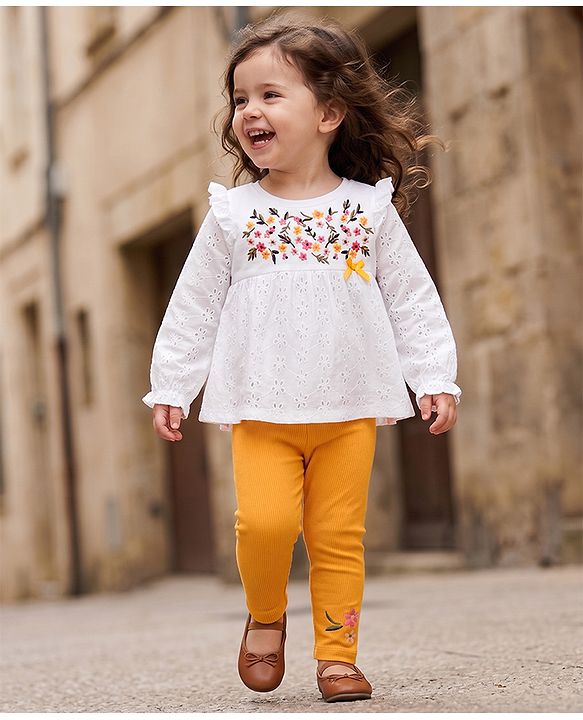 Babyhug 100% Cotton Single Jersey Knit Full Sleeves Top & Leggings with Floral Embroidery - White & Yellow