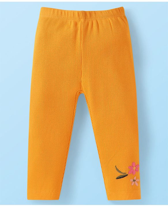 Babyhug 100% Cotton Single Jersey Knit Full Sleeves Top & Leggings with Floral Embroidery - White & Yellow