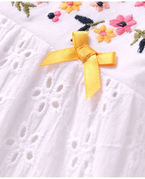 Babyhug 100% Cotton Single Jersey Knit Full Sleeves Top & Leggings with Floral Embroidery - White & Yellow