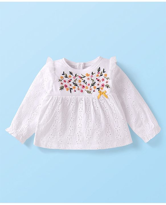 Babyhug 100% Cotton Single Jersey Knit Full Sleeves Top & Leggings with Floral Embroidery - White & Yellow