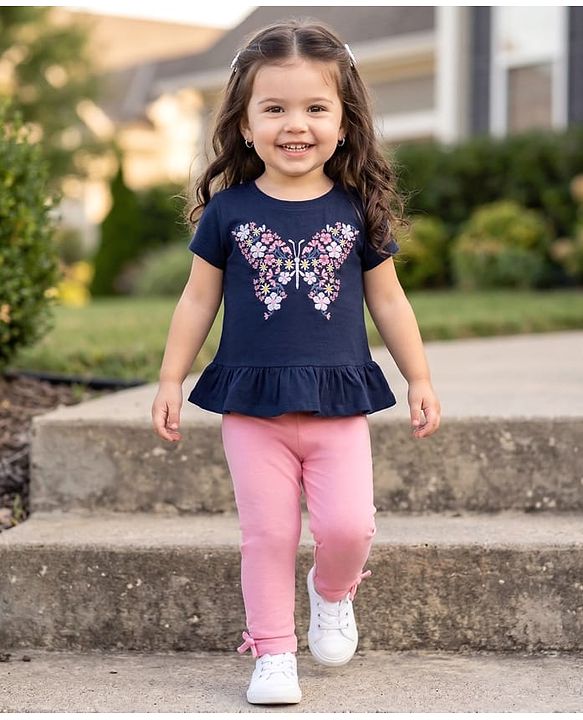 Babyhug Single Jersey Knit Half Sleeves Top & Leggings Set with Floral Embroidery - Navy Blue & Pink