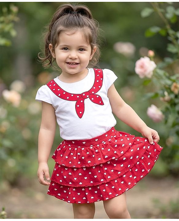 Babyhug Single Jersey Knit Half Cap Sleeves Top & Skirt Set with Hearts Print - White & Red