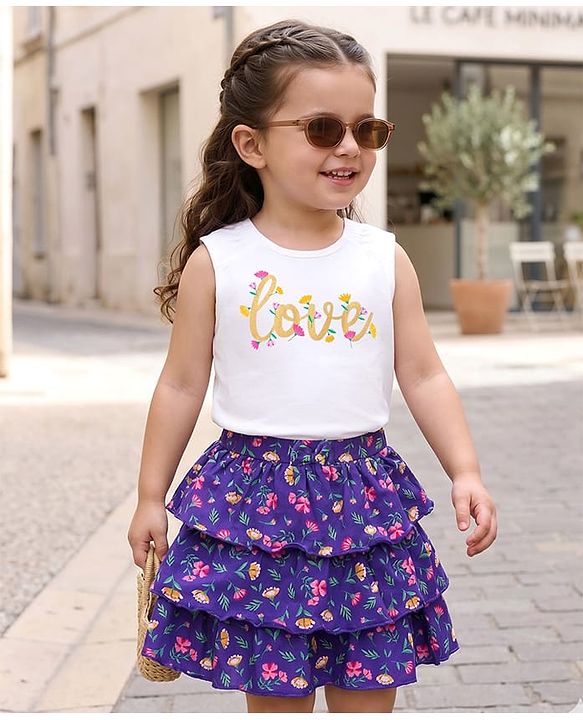 Babyhug Single Jersey Knit Sleeveless Tank Top & Skirt with Floral Print & Love Text Print - White & Purple