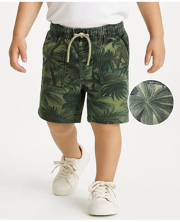 Babyhug Cotton Woven Above Knee Length Beach Theme Printed Shorts - Olive Green