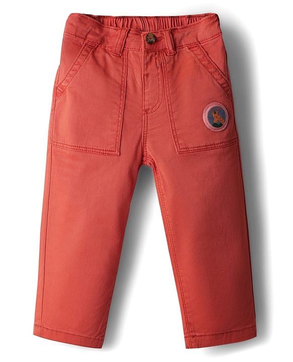 Babyhug Cotton Lycra Woven Full Length Solid Coloured Trouser With Stretch & Animal Patch - Coral