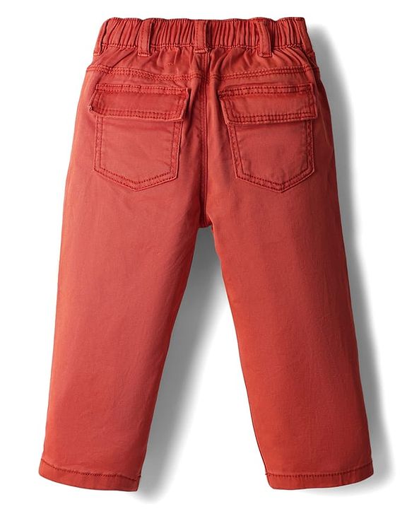 Babyhug Cotton Lycra Woven Full Length Solid Coloured Trouser With Stretch & Animal Patch - Coral
