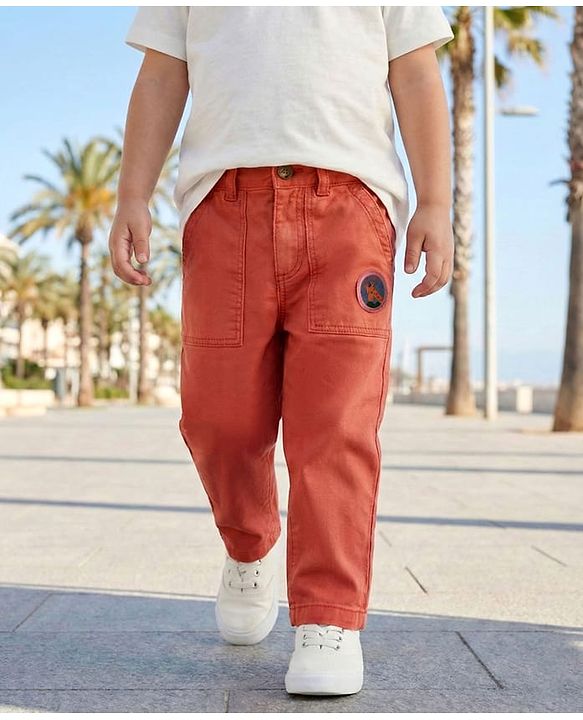 Babyhug Cotton Lycra Woven Full Length Solid Coloured Trouser With Stretch & Animal Patch - Coral
