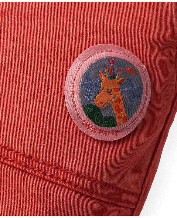 Babyhug Cotton Lycra Woven Full Length Solid Coloured Trouser With Stretch & Animal Patch - Coral