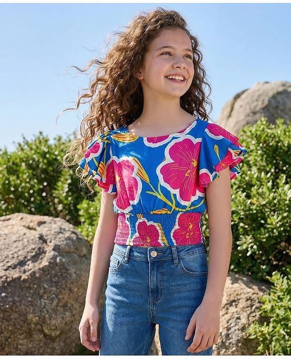Pine Kids Woven Flutter Sleeves Top With Floral Print & Smock Detailing - Blue