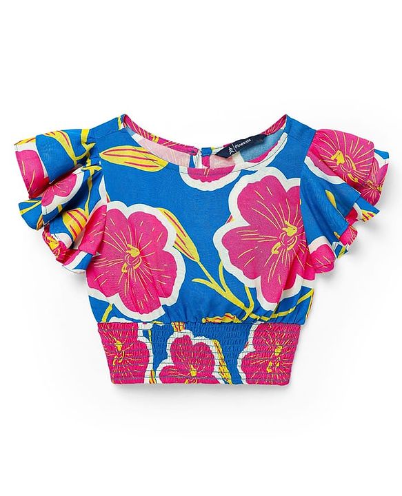 Pine Kids Woven Flutter Sleeves Top With Floral Print & Smock Detailing - Blue