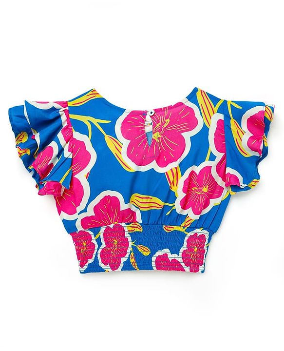 Pine Kids Woven Flutter Sleeves Top With Floral Print & Smock Detailing - Blue