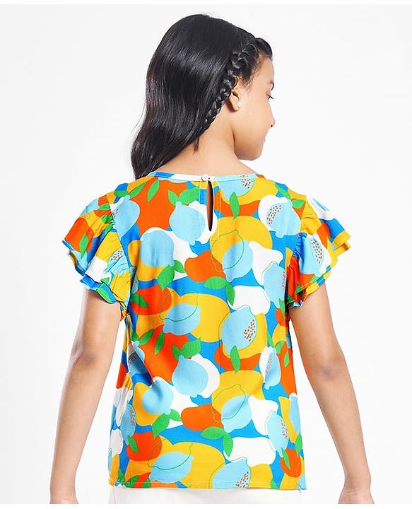 Pine Kids Rayon Woven Flutter Sleeves Top with Abstract Print - Blue & Yellow
