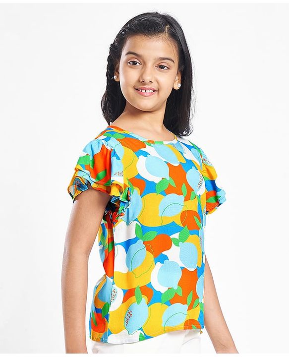 Pine Kids Rayon Woven Flutter Sleeves Top with Abstract Print - Blue & Yellow