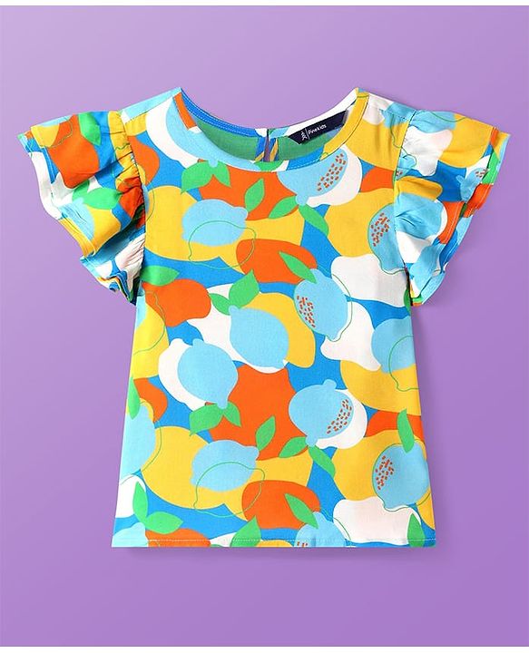 Pine Kids Rayon Woven Flutter Sleeves Top with Abstract Print - Blue & Yellow