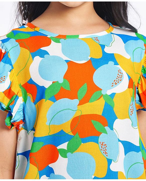 Pine Kids Rayon Woven Flutter Sleeves Top with Abstract Print - Blue & Yellow