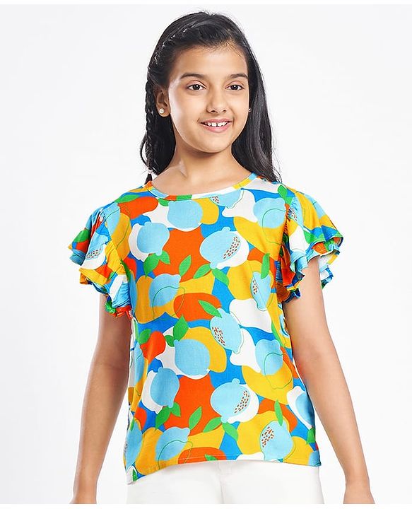 Pine Kids Rayon Woven Flutter Sleeves Top with Abstract Print - Blue & Yellow