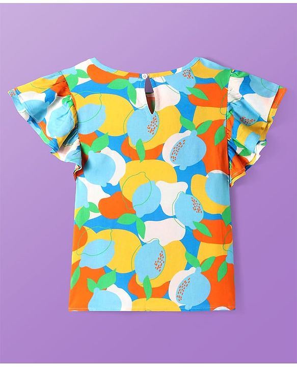 Pine Kids Rayon Woven Flutter Sleeves Top with Abstract Print - Blue & Yellow