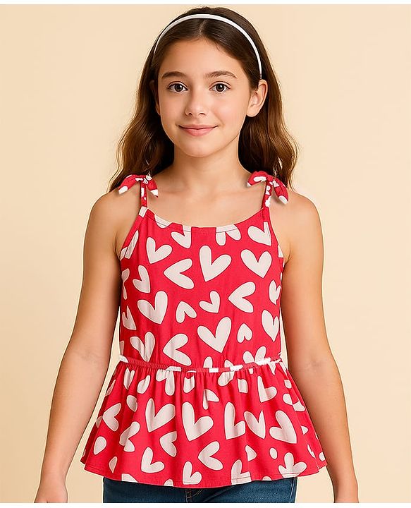 Babyhug Woven Sleeveless Top With Heart Print - Red