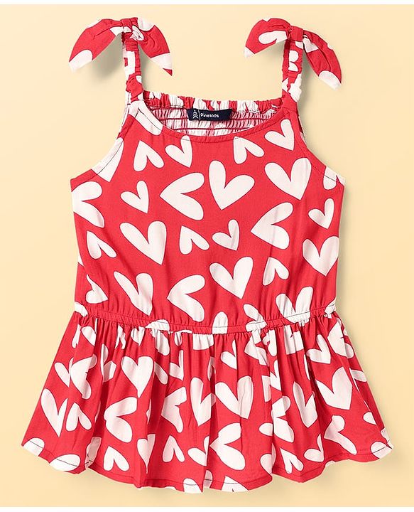 Babyhug Woven Sleeveless Top With Heart Print - Red