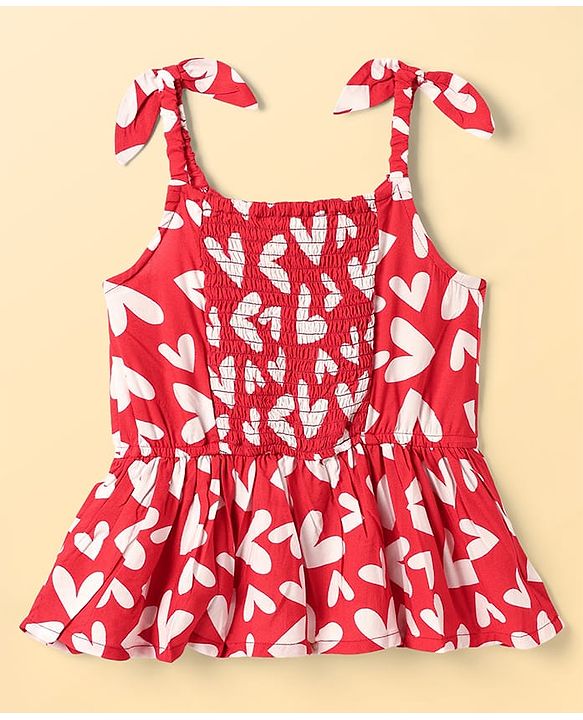 Babyhug Woven Sleeveless Top With Heart Print - Red