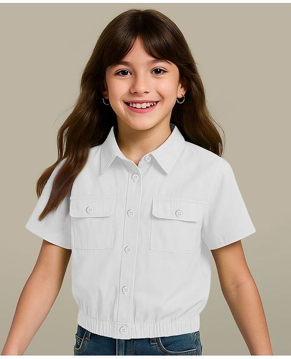 Pine Kids Poplin Woven Half Sleeves Solid Color Top - White