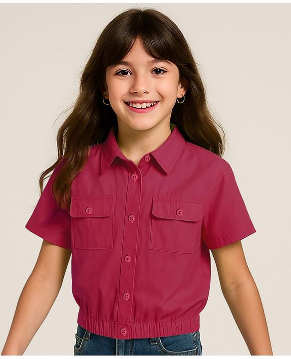 Pine Kids Poplin Woven Half Sleeves Solid Color Shirt Style Top - Dark Pink