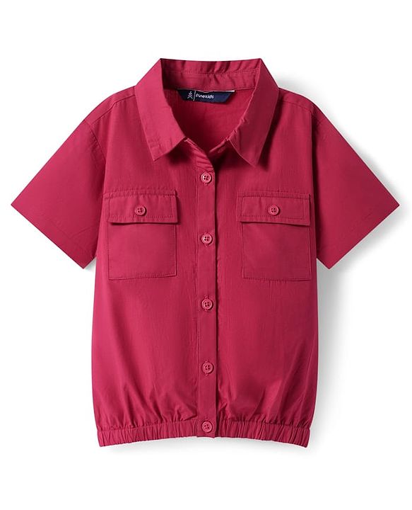 Pine Kids Poplin Woven Half Sleeves Solid Color Shirt Style Top - Dark Pink