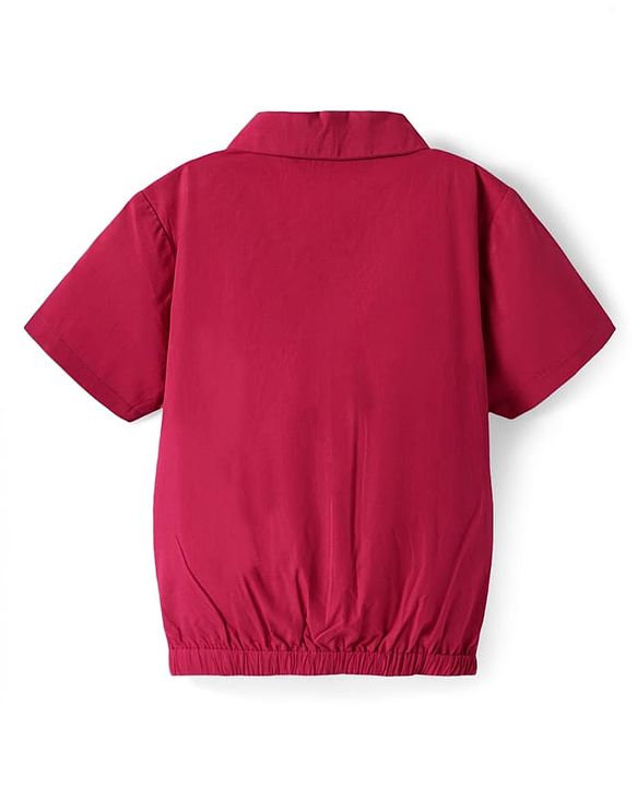 Pine Kids Poplin Woven Half Sleeves Solid Color Shirt Style Top - Dark Pink