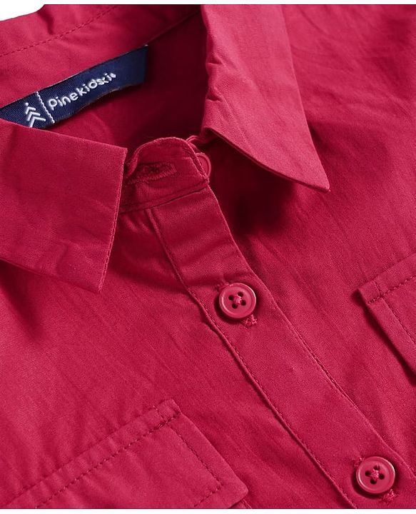 Pine Kids Poplin Woven Half Sleeves Solid Color Shirt Style Top - Dark Pink