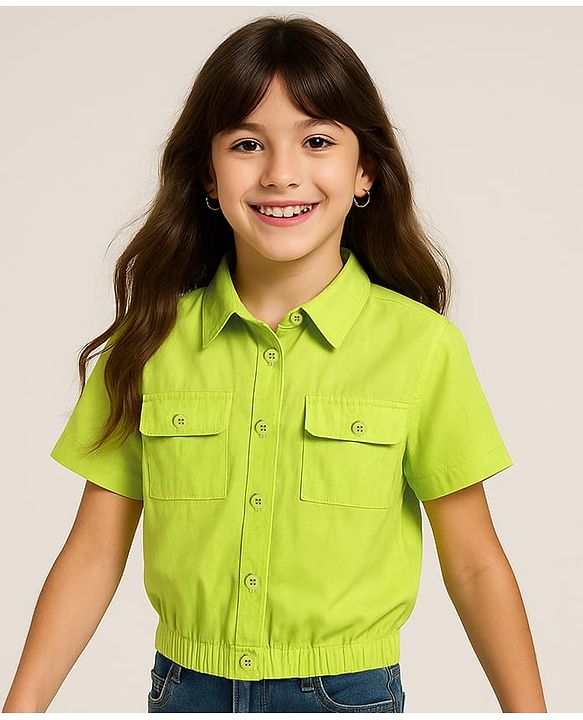 Pine Kids Poplin Woven Half Sleeves Top with Pockets - Limegreen