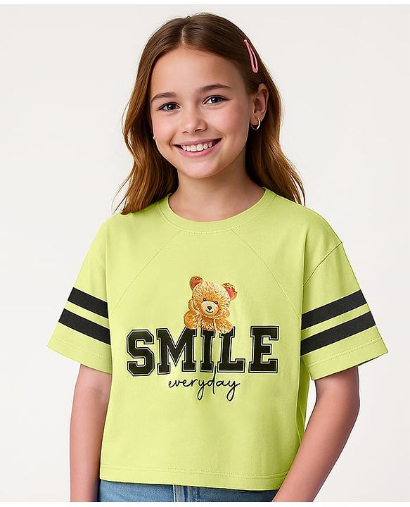 Pine Kids Cotton Knit Half Raglan Sleeves T-Shirt With Teddy Print & Tape Detailing - Limegreen