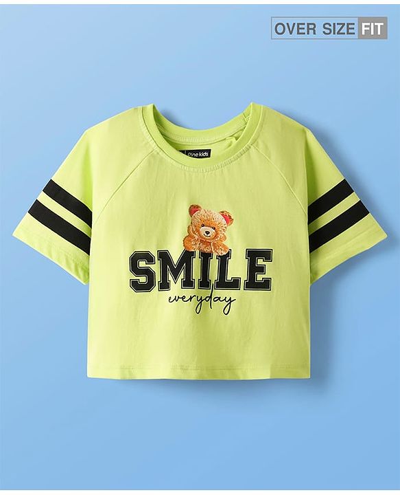 Pine Kids Cotton Knit Half Raglan Sleeves T-Shirt With Teddy Print & Tape Detailing - Limegreen