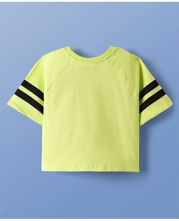 Pine Kids Cotton Knit Half Raglan Sleeves T-Shirt With Teddy Print & Tape Detailing - Limegreen