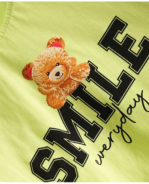Pine Kids Cotton Knit Half Raglan Sleeves T-Shirt With Teddy Print & Tape Detailing - Limegreen