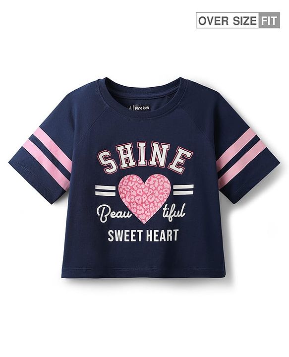 Pine Kids Cotton Knit Half Raglan Sleeves T-Shirt With Shine Text Print & Tape Detailing - Navy Blue