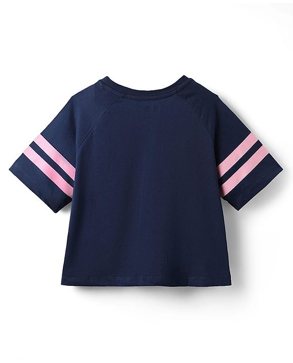 Pine Kids Cotton Knit Half Raglan Sleeves T-Shirt With Shine Text Print & Tape Detailing - Navy Blue
