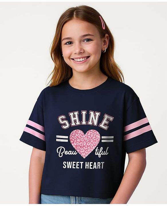 Pine Kids Cotton Knit Half Raglan Sleeves T-Shirt With Shine Text Print & Tape Detailing - Navy Blue