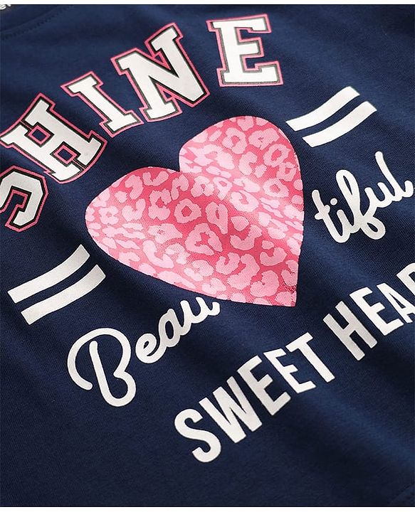 Pine Kids Cotton Knit Half Raglan Sleeves T-Shirt With Shine Text Print & Tape Detailing - Navy Blue