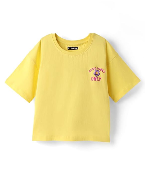 Pine Kids Cotton Knit Half Sleeves Drop Shoulder T-Shirt With Its Ok To Rest Print - Yellow
