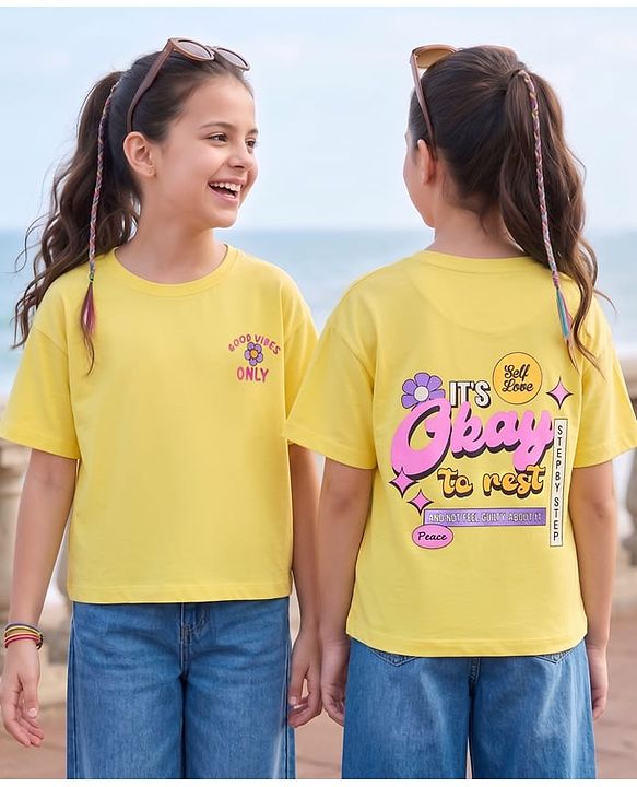 Pine Kids Cotton Knit Half Sleeves Drop Shoulder T-Shirt With Its Ok To Rest Print - Yellow