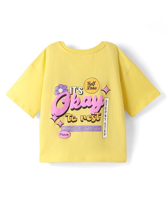 Pine Kids Cotton Knit Half Sleeves Drop Shoulder T-Shirt With Its Ok To Rest Print - Yellow