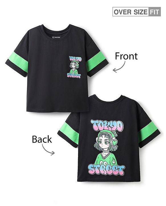 Pine Kids Cotton Knit Half Drop Shoulder Sleeves T-Shirt with Girl Front & Back Print - Black