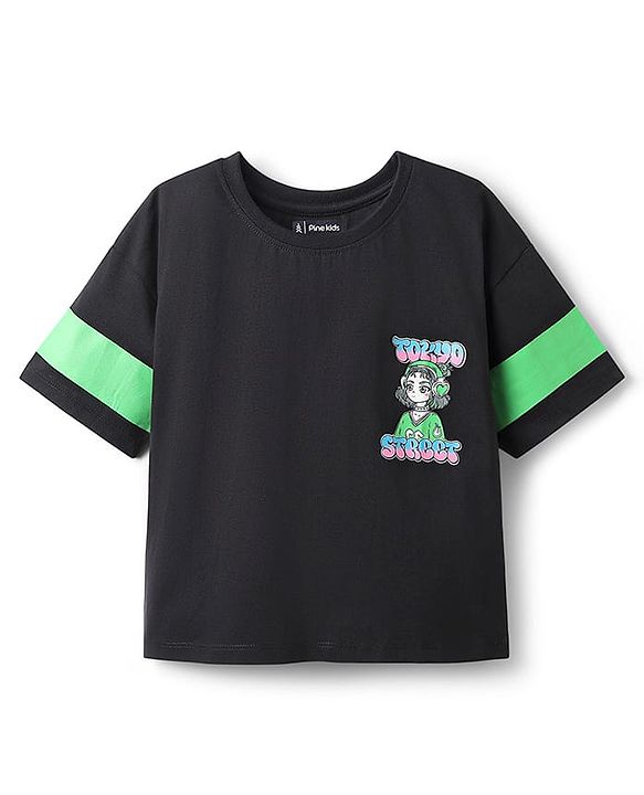 Pine Kids Cotton Knit Half Drop Shoulder Sleeves T-Shirt with Girl Front & Back Print - Black