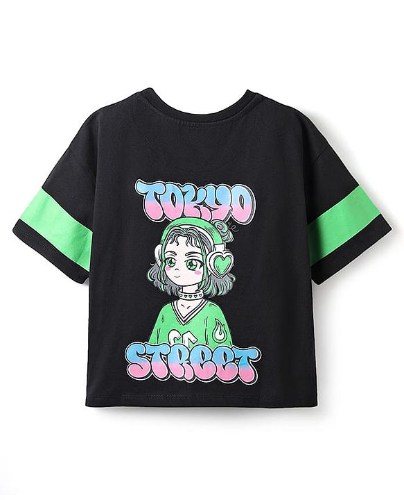 Pine Kids Cotton Knit Half Drop Shoulder Sleeves T-Shirt with Girl Front & Back Print - Black