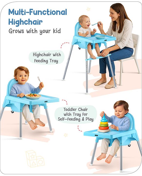Babyhug Multi-functional Highchair & Convertible Feeding Chair | Removable Feeding Tray| Adjustable Footrest| Safety Harness| Anti-skid Base| Easy Assembly| Easy Cleaning| 6 Months to 3 Years - Blue