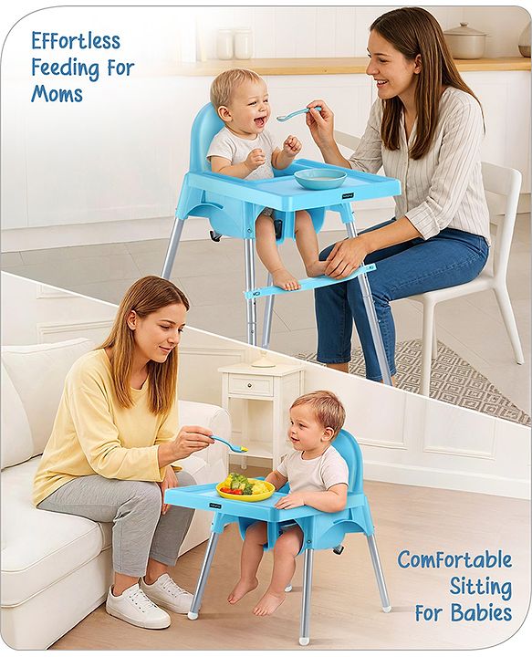 Babyhug Multi-functional Highchair & Convertible Feeding Chair | Removable Feeding Tray| Adjustable Footrest| Safety Harness| Anti-skid Base| Easy Assembly| Easy Cleaning| 6 Months to 3 Years - Blue